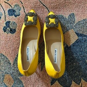 Manolo Blahnik Yellow Satin Embellished Flats